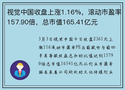 视觉中国收盘上涨1.16%，滚动市盈率157.90倍，总市值165.41亿元