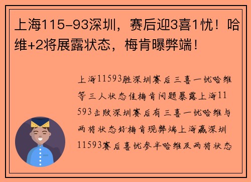 上海115-93深圳，赛后迎3喜1忧！哈维+2将展露状态，梅肯曝弊端！