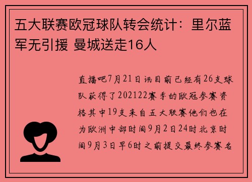 五大联赛欧冠球队转会统计：里尔蓝军无引援 曼城送走16人