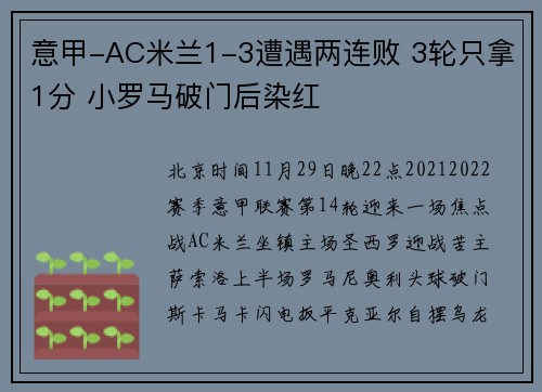 意甲-AC米兰1-3遭遇两连败 3轮只拿1分 小罗马破门后染红