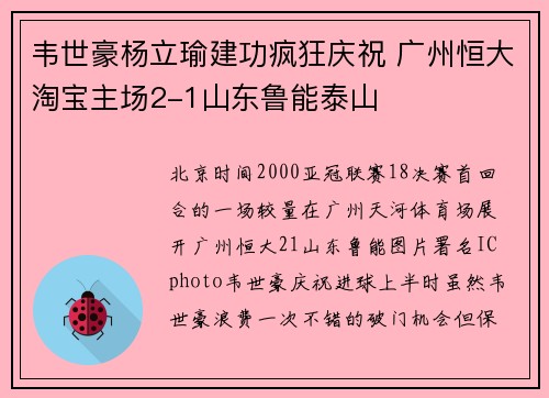韦世豪杨立瑜建功疯狂庆祝 广州恒大淘宝主场2-1山东鲁能泰山